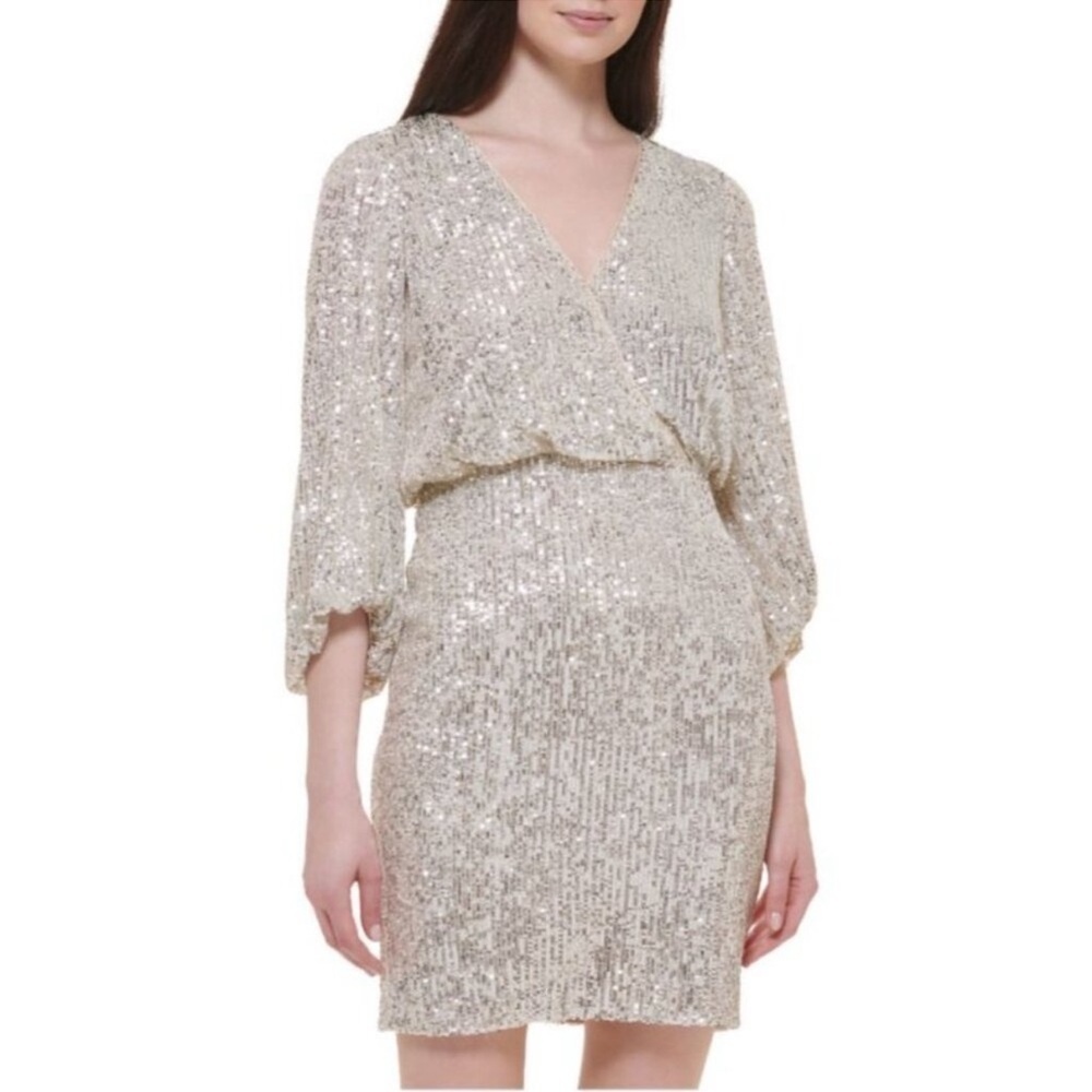 Eliza J. Sequin Dress Stretch Balloon Sleeve Mini Champagne Size 8
